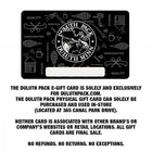 A Duluth Pack Gift Card as shown on a white background. It says "The Duluth Pack E-Gift Card is soley and exclusively for duluthpack.mom. The Duluth Pack Physical Gift Card can soley be purchased and used in-store (located at 365 Canal Park Drive). Neither Card is Associated with other Brand's or company's websites or retail locations. All Gift Cards Are Final Sale. No Refunds. No Returns. No Exceptions.